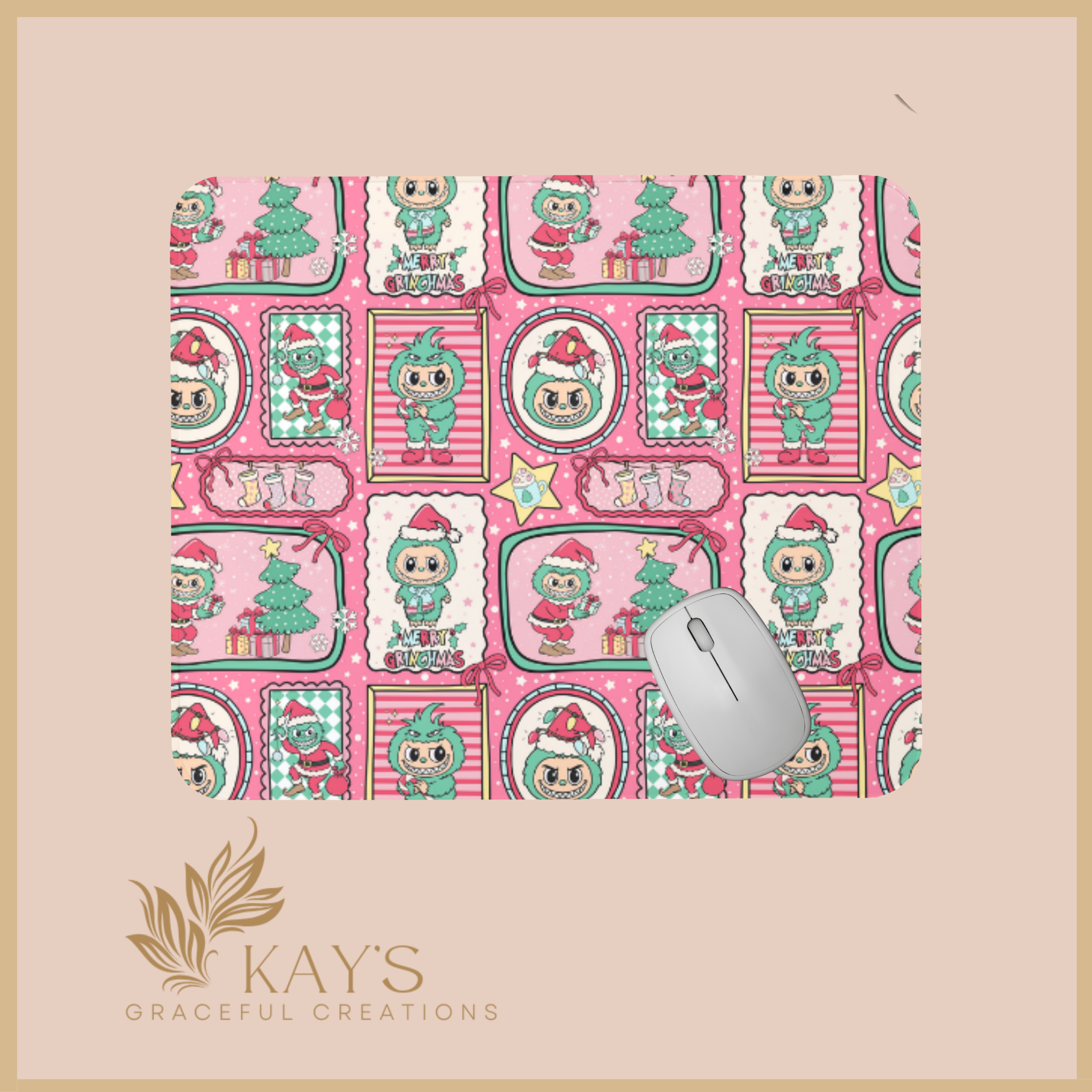 Merry Monster Christmas Mouse Pad – Pink Christmas Desk Mat