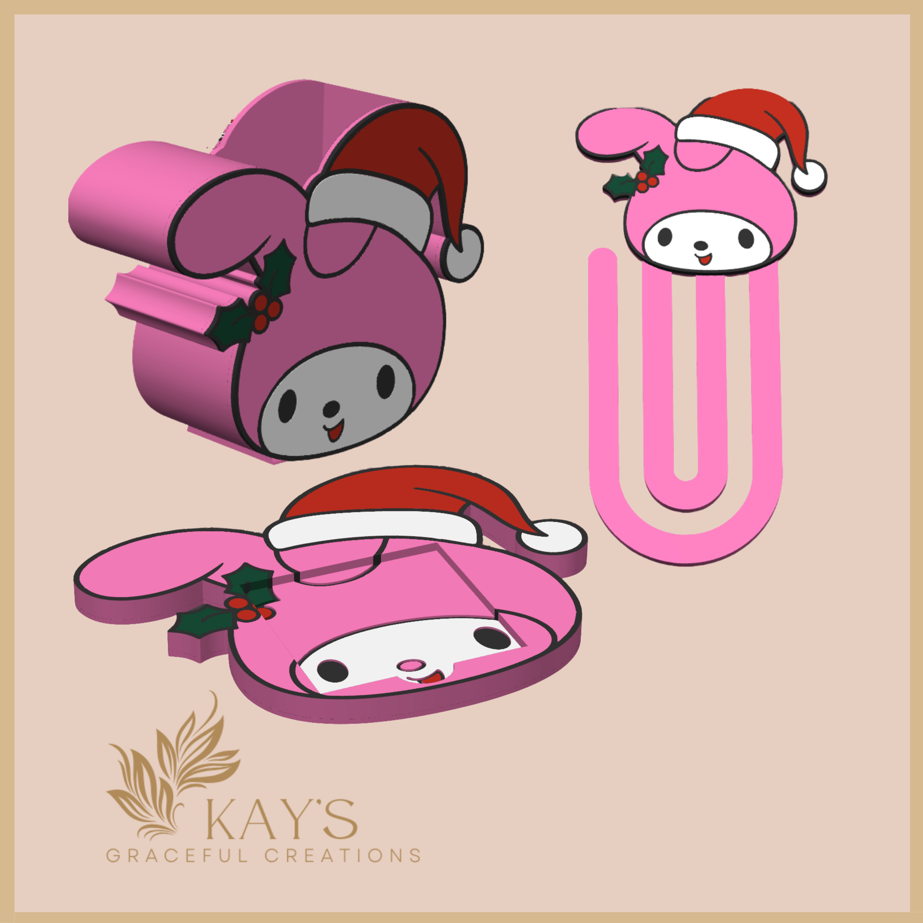 Holly Bunny Desk Set – Cute Pink Christmas Organizer Trio